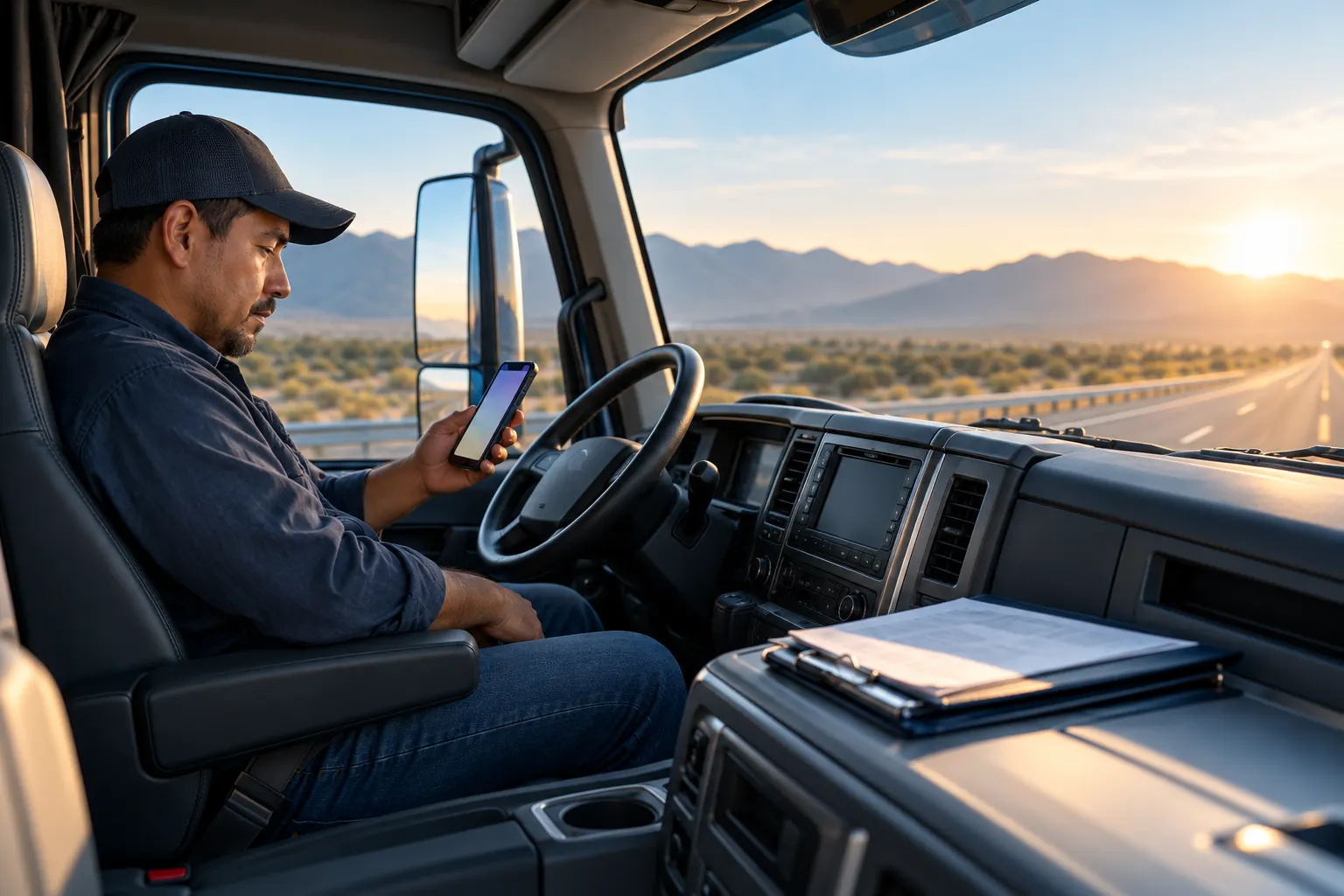 Truck driver in the cab checking a phone with freight paperwork nearby