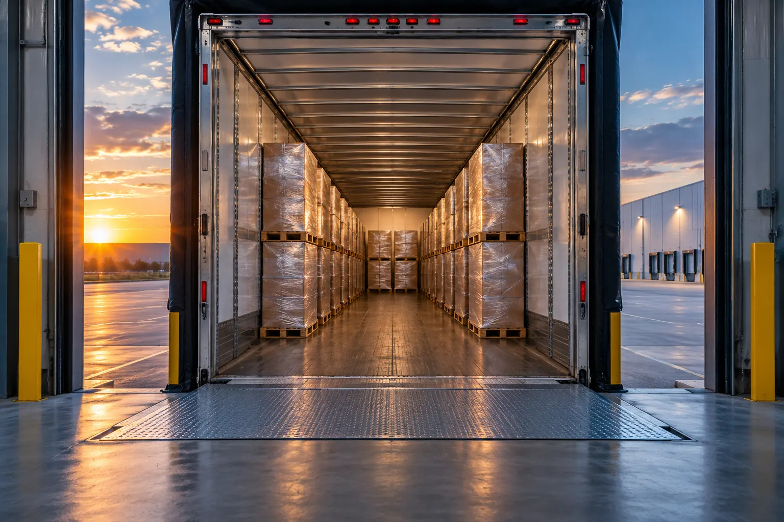 A 53-foot trailer loaded with pallets at a loading dock