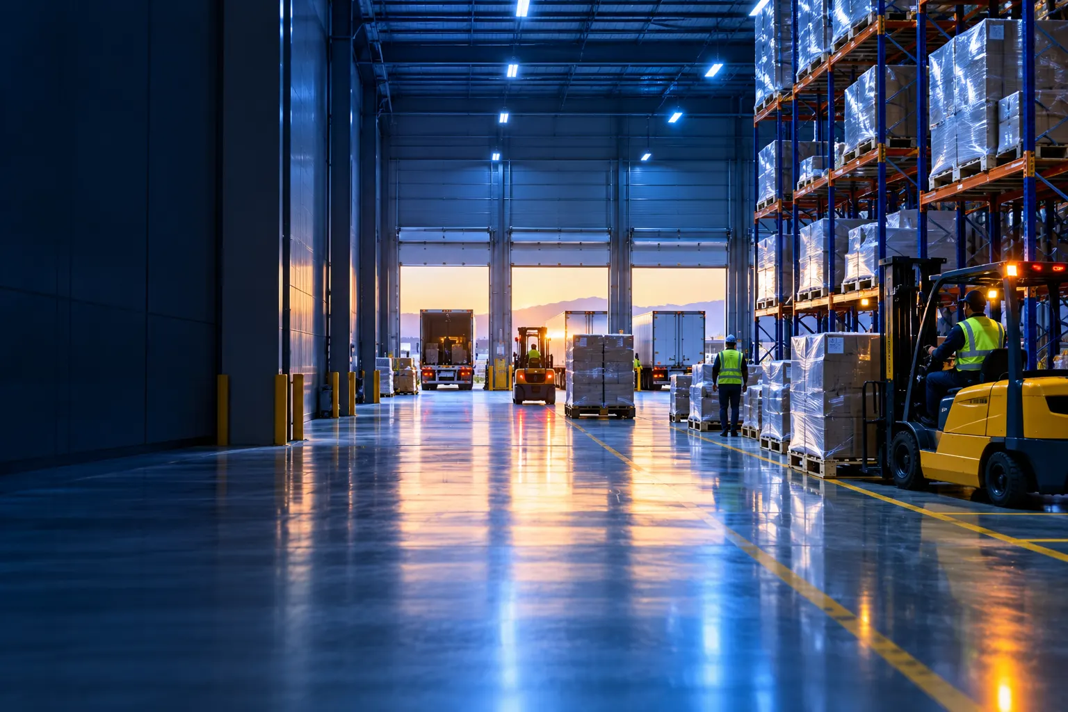 Distribution center with tall racks and busy loading docks