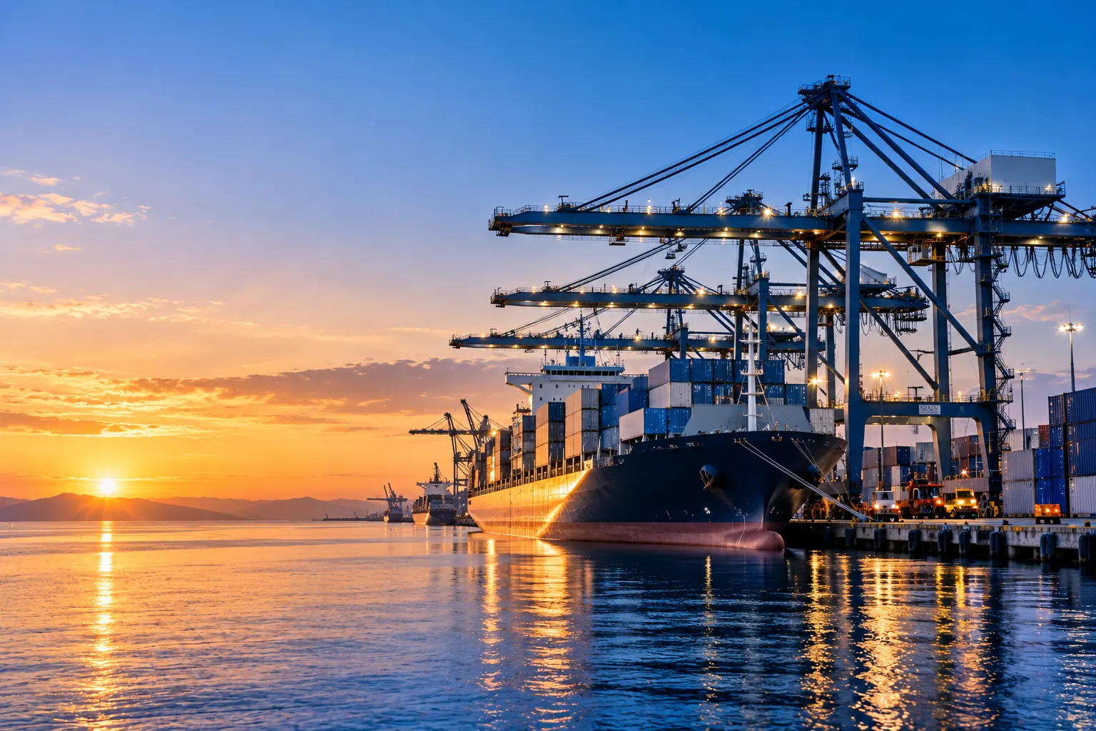 Container terminal with gantry cranes and a ship at sunrise