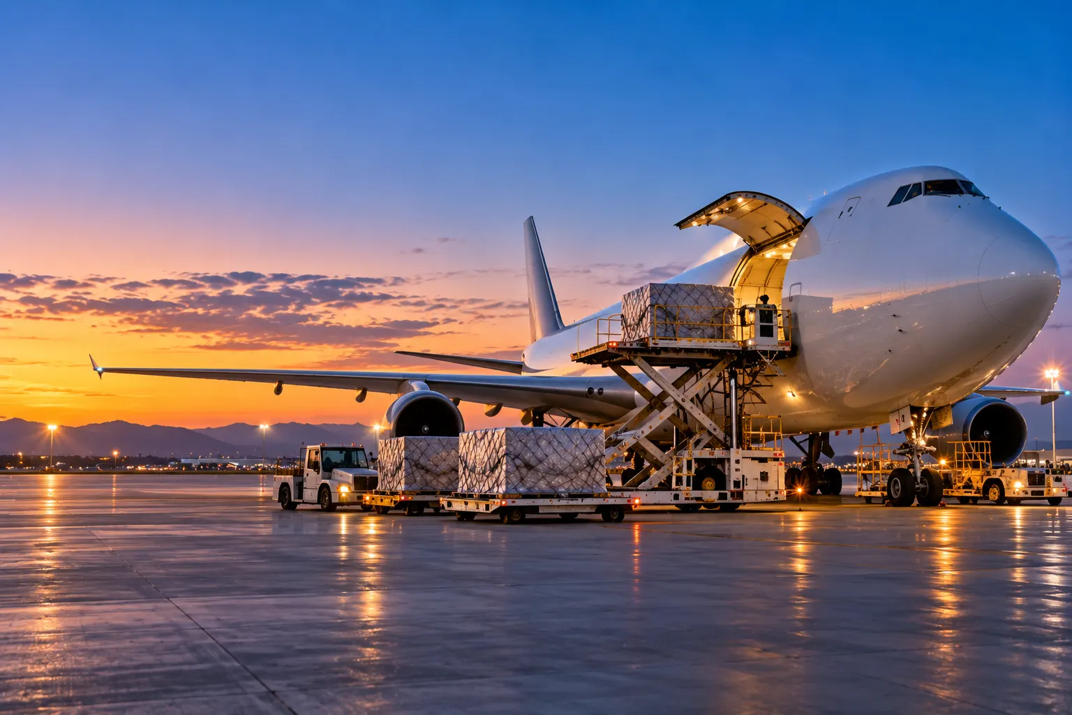 Cargo plane on the apron with containers ready to be loaded