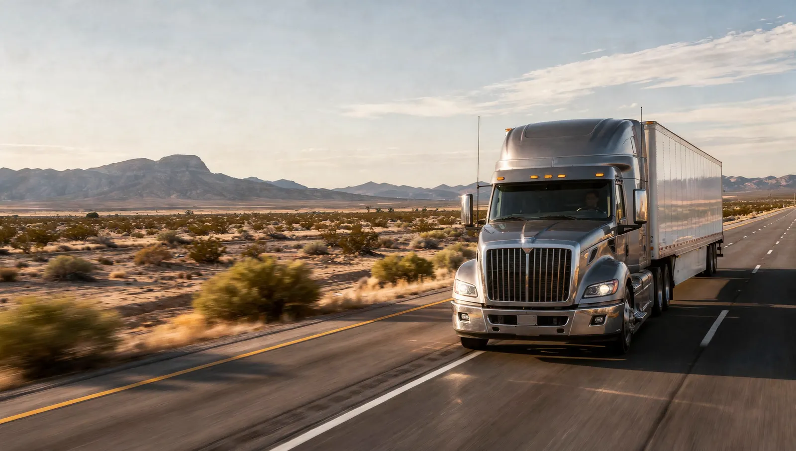 Tractor-trailer driving down a desert highway