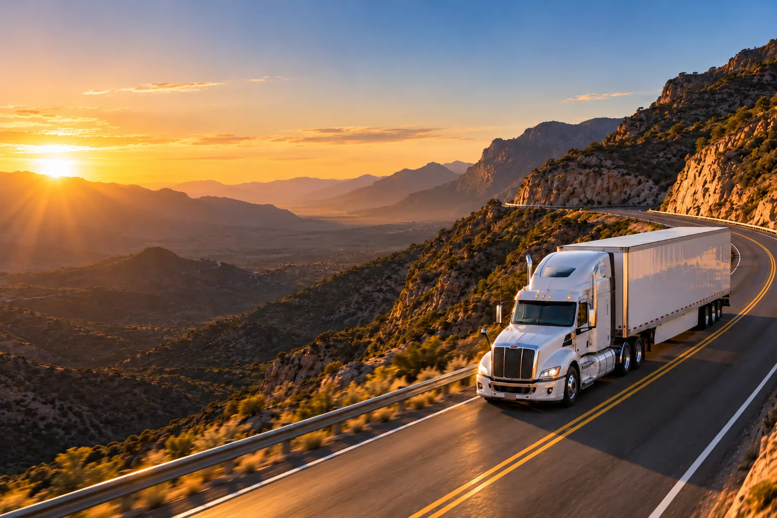 Aerial view of a truck on a highway winding through the mountains of northern Mexico