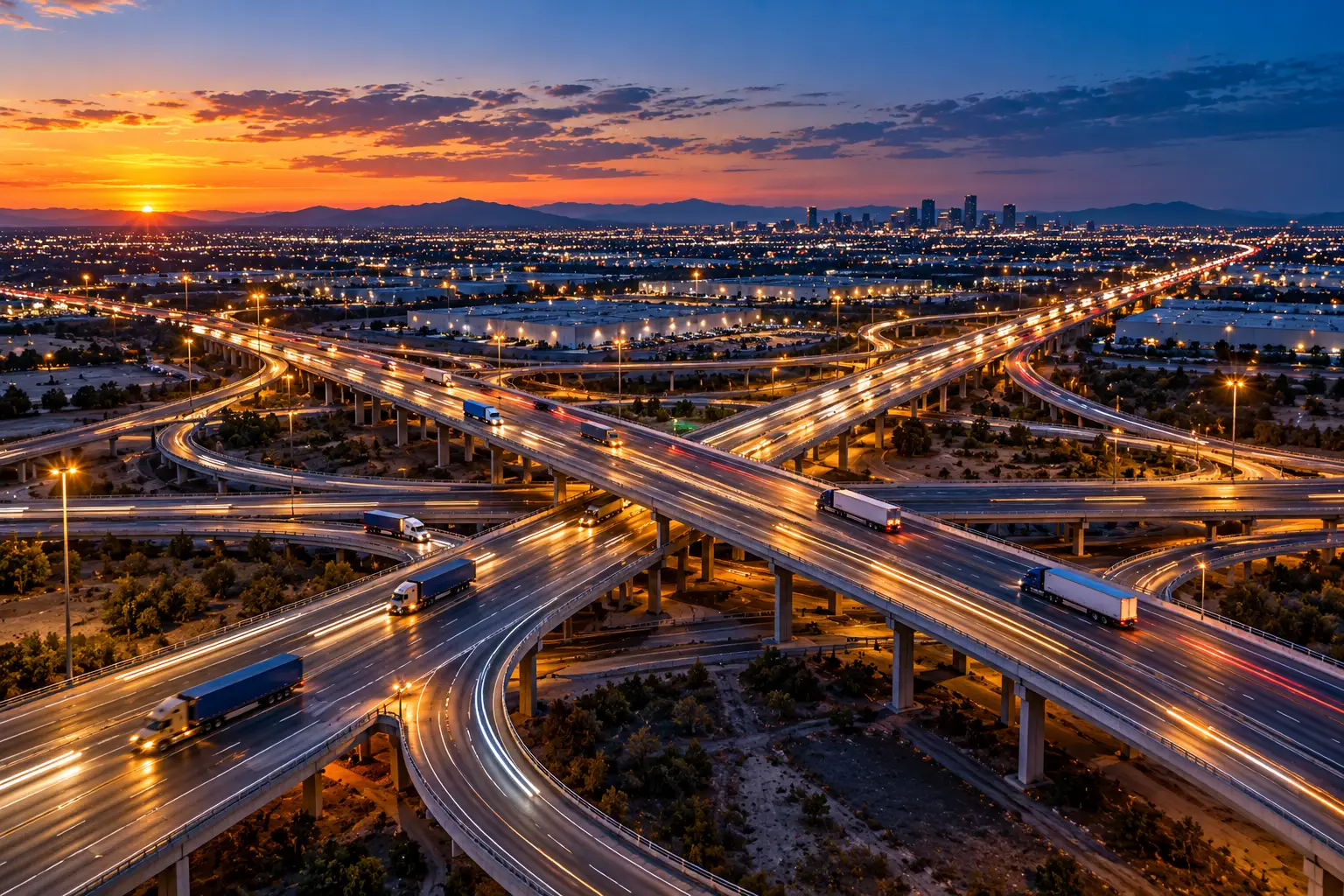 Aerial view of a highway interchange at sunset with trucks on the move