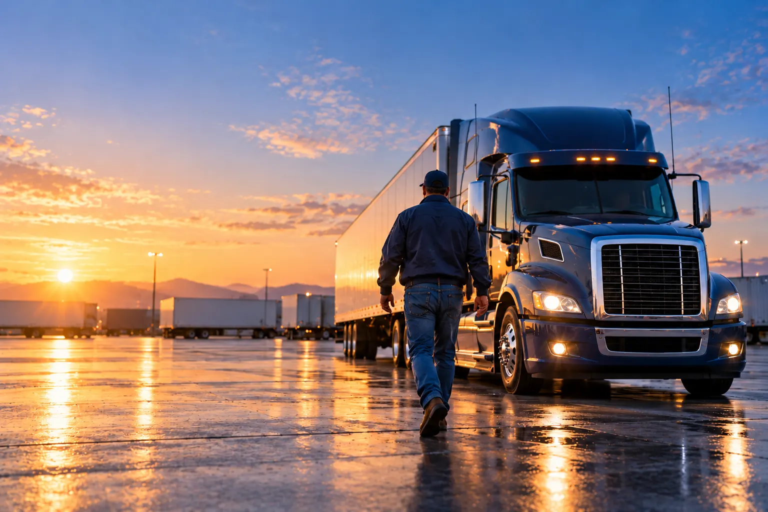 Driver walking toward his semi-truck in a truck yard at dawn