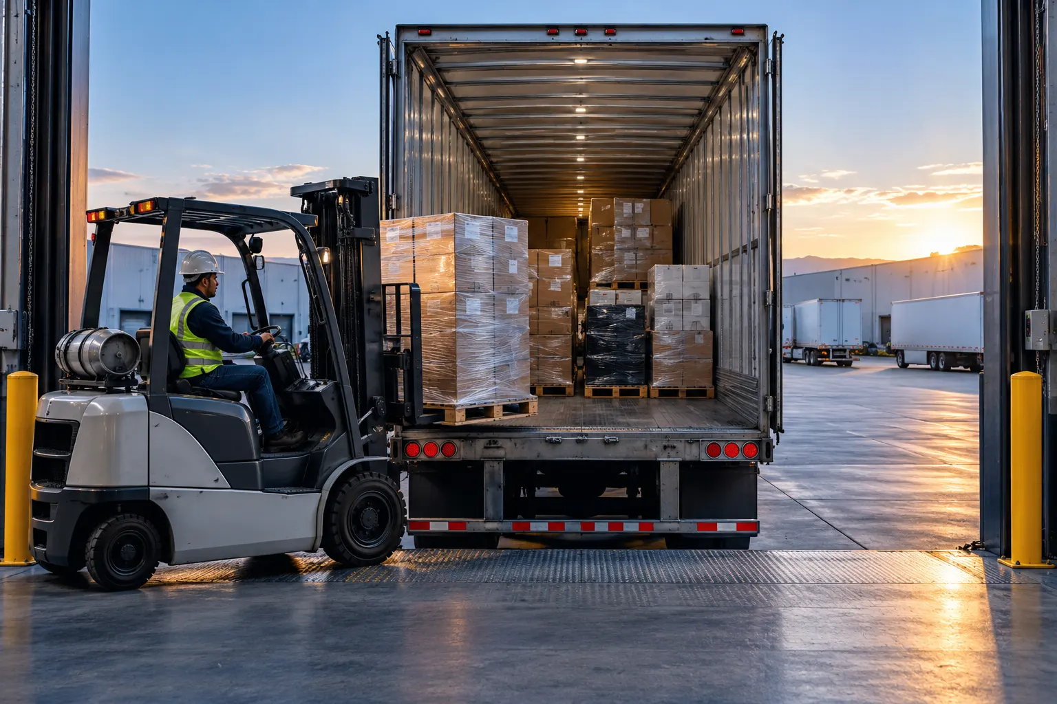 Forklift loading pallets of different sizes into a trailer