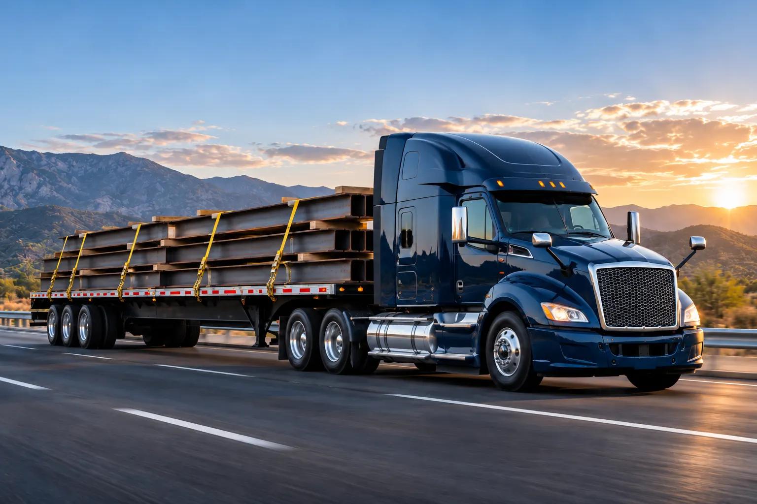 Semi-truck pulling a flatbed trailer loaded with steel beams