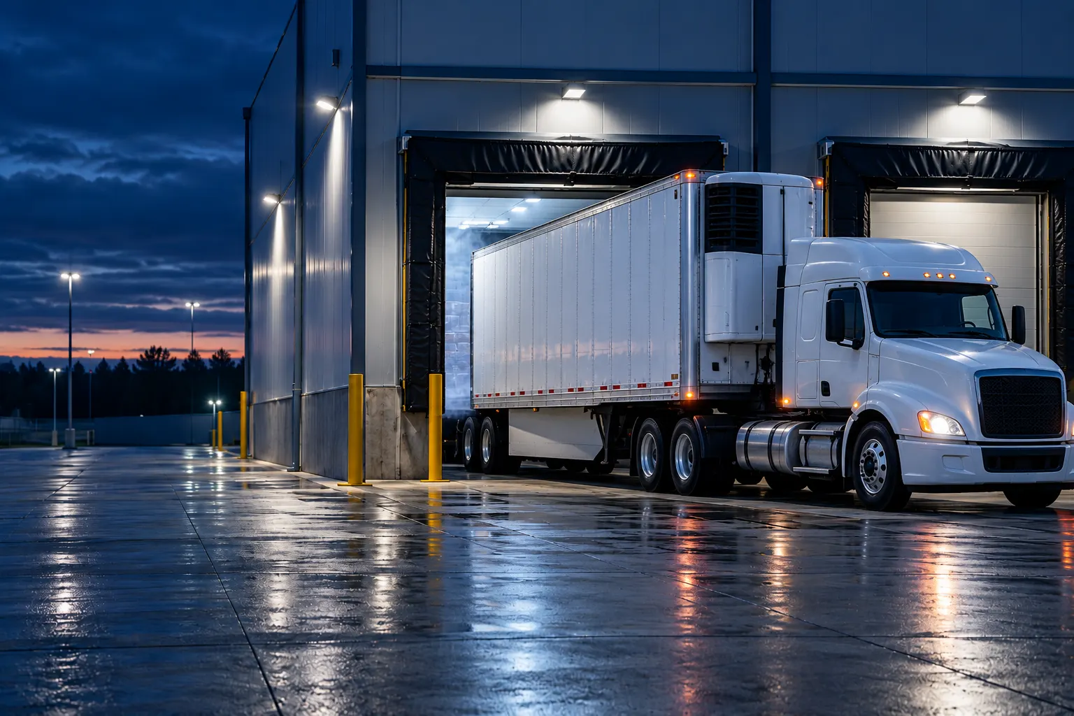 Refrigerated trailer with its reefer unit at a cold storage dock at dusk