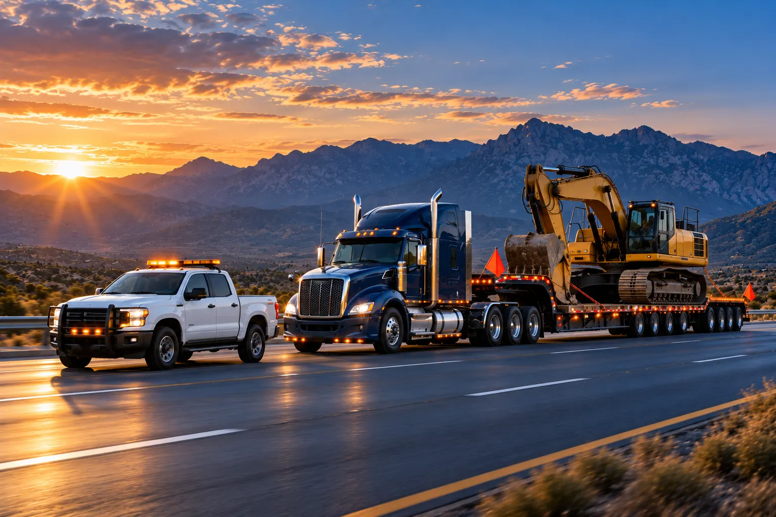 Lowboy hauling heavy industrial machinery with a pilot escort vehicle