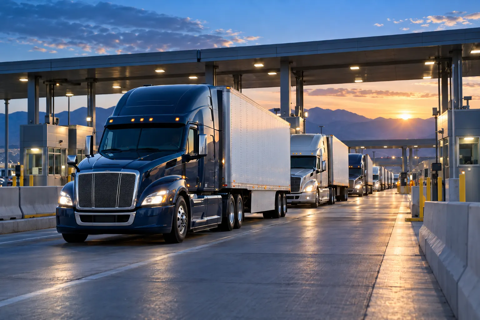 Line of semi-trucks arriving at a border crossing at dawn